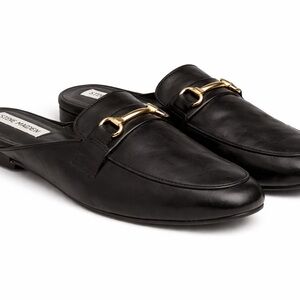 Steve Madden Black Leather Slip-On Mule with Gold Tone Accent